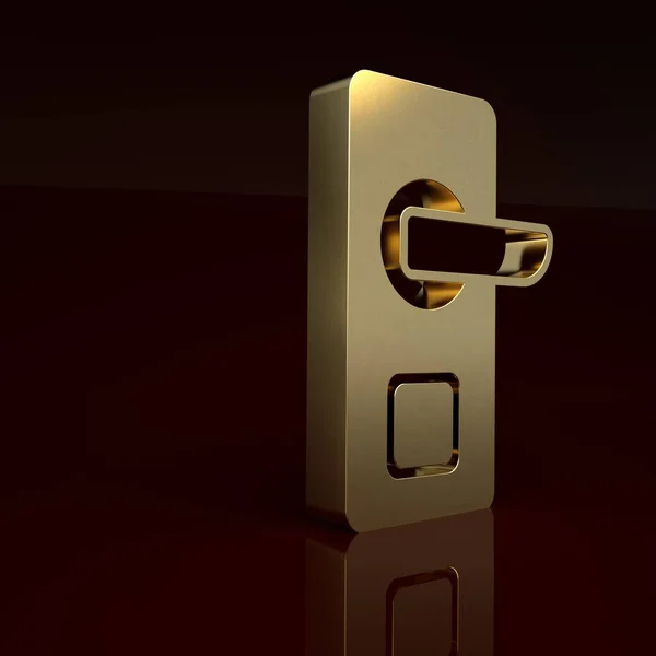 Gold Digital door lock with wireless technology for unlock icon isolated on brown background. Door handle sign. Security smart home. Minimalism concept. 3D render illustration.
