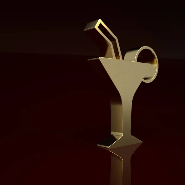 Gold Cocktail and alcohol drink icon isolated on brown background. Minimalism concept. 3D render illustration.