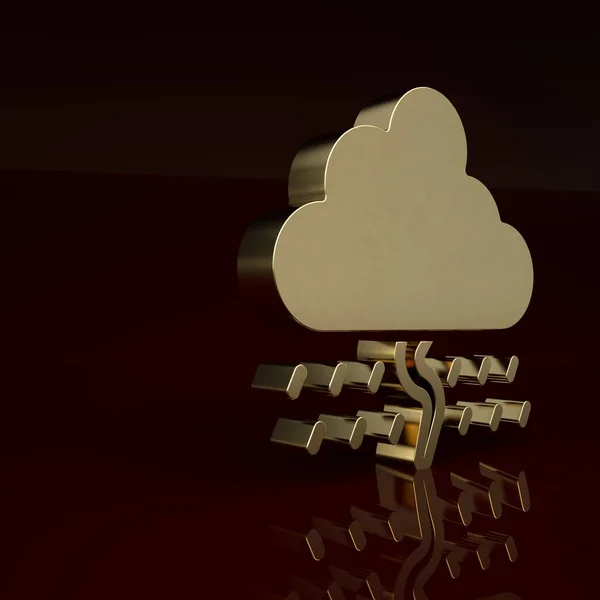 Gold Cloud with rain and lightning icon isolated on brown background. Rain cloud precipitation with rain drops.Weather icon of storm. Minimalism concept. 3D render illustration.