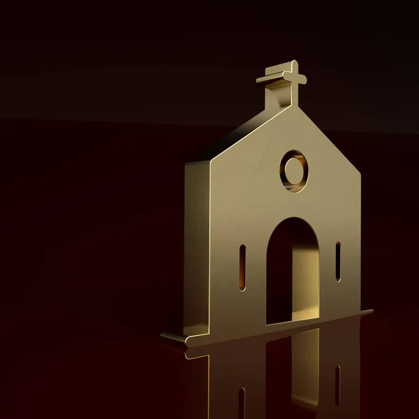 Gold Church building icon isolated on brown background. Christian Church. Religion of church. Minimalism concept. 3D render illustration.