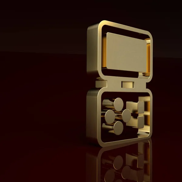 Gold Portable tetris electronic game icon isolated on brown background. Vintage style pocket brick game. Interactive playing device. Minimalism concept. 3D render illustration.