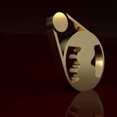 Kahverengi arka planda izole edilmiş altın toprak küre ikonu. Dünya ya da Dünya işareti. Küresel internet sembolü. Geometrik şekiller. Minimalizm kavramı. 3 Boyutlu resimleme.