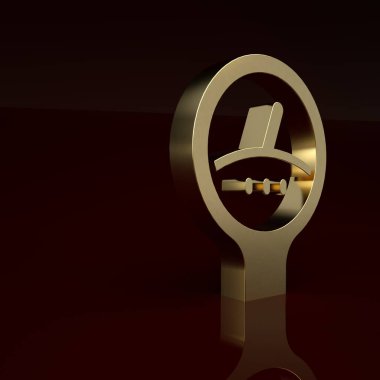 Altın Ölçek simgesi kahverengi arkaplanda izole edildi. Memnuniyet, sıcaklık, manometre, risk, değerlendirme, performans, hız taktik ölçer. Minimalizm kavramı. 3 Boyutlu resimleme.