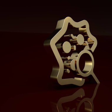 Kahverengi arka planda izole edilmiş büyüteç simgesi altındaki altın mikroorganizmalar. Bakteri ve mikroplar, hücre kanseri, mikrop, virüs, mantar. Minimalizm kavramı. 3 Boyutlu resimleme.