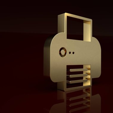 Kahverengi arkaplanda Altın Yazıcı simgesi izole edildi. Minimalizm kavramı. 3 Boyutlu resimleme.