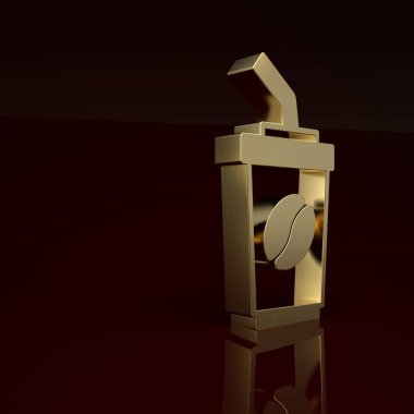 Kahverengi arka planda izole edilmiş altın kahve fincanı. Minimalizm kavramı. 3 Boyutlu resimleme.