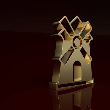 Kahverengi arkaplanda altın yel değirmeni simgesi var. Minimalizm kavramı. 3 Boyutlu resimleme.