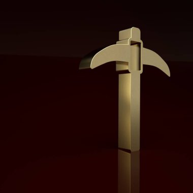 Altın Kazma simgesi kahverengi arkaplanda izole edildi. Minimalizm kavramı. 3 Boyutlu resimleme.