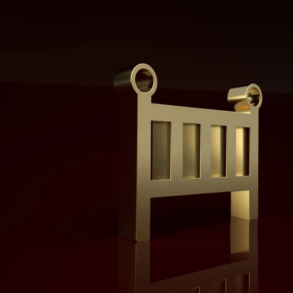 Gold Baby crib cradle bed icon isolated on brown background. Minimalism concept. 3D render illustration.
