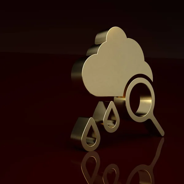 Gold Cloud with rain icon isolated on brown background. Rain cloud precipitation with rain drops. Minimalism concept. 3D render illustration.