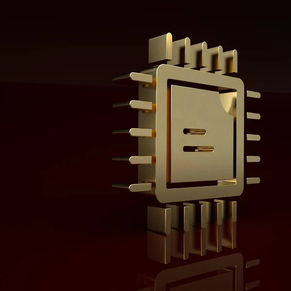 Gold Computer processor with microcircuits CPU icon isolated on brown background. Chip or cpu with circuit board. Micro processor. Minimalism concept. 3D render illustration.