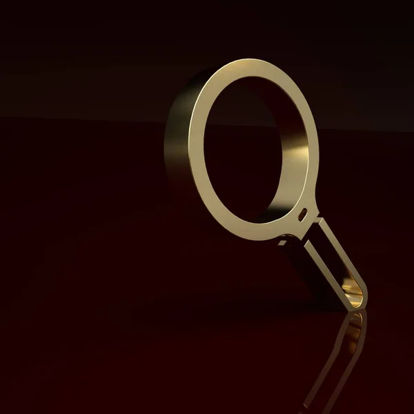 Gold Magnifying glass icon isolated on brown background. Search, focus, zoom, business symbol. Minimalism concept. 3D render illustration.