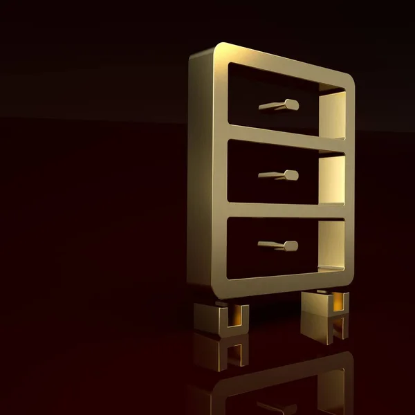 Gold Archive papers drawer icon isolated on brown background. Drawer with documents. File cabinet drawer. Office furniture. Minimalism concept. 3D render illustration.