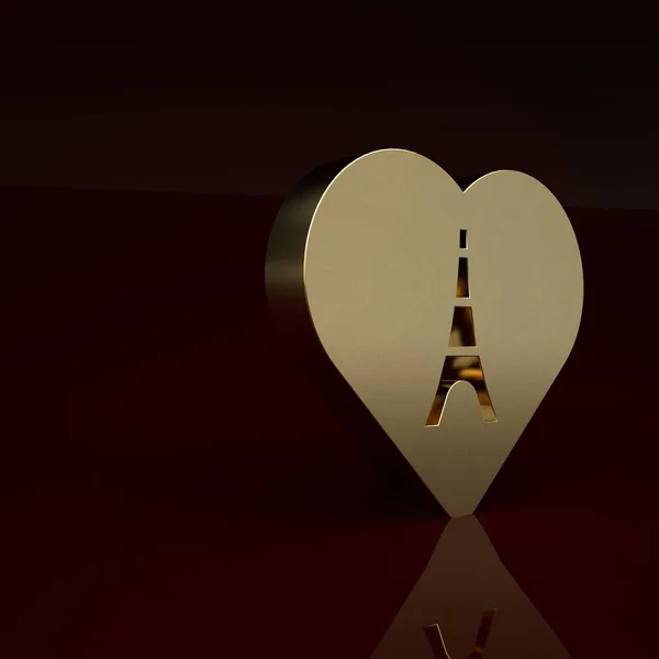 Gold Eiffel tower with heart icon isolated on brown background. France Paris landmark symbol. Minimalism concept. 3D render illustration.