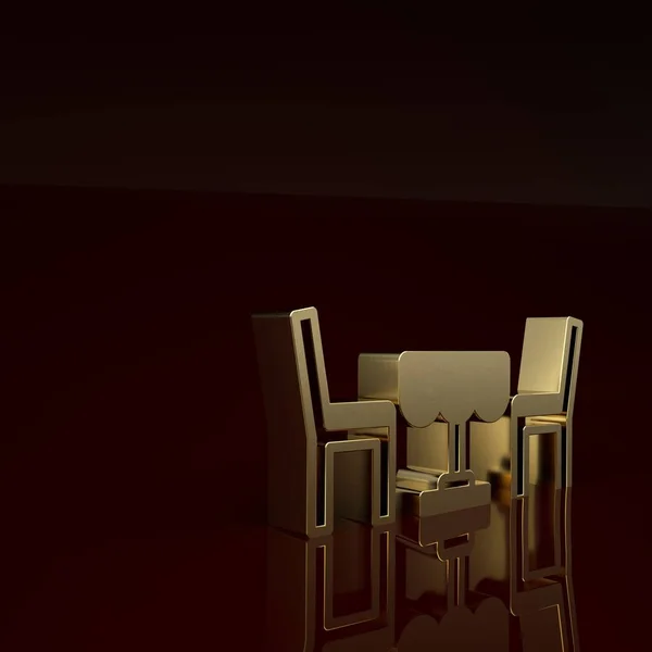 Gold French cafe icon isolated on brown background. Street cafe. Table and chairs. Minimalism concept. 3D render illustration.
