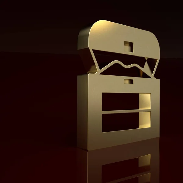 Gold Antique treasure chest icon isolated on brown background. Vintage wooden chest with golden coin. Minimalism concept. 3D render illustration.
