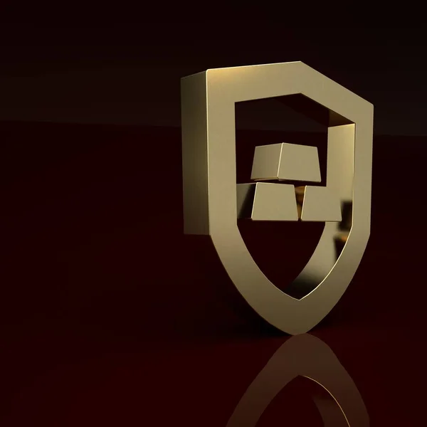Gold Gold bars with shield icon isolated on brown background. Banking business concept. Minimalism concept. 3D render illustration.