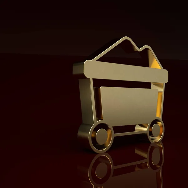 Gold Mine cart with gold icon isolated on brown background. Minimalism concept. 3D render illustration.