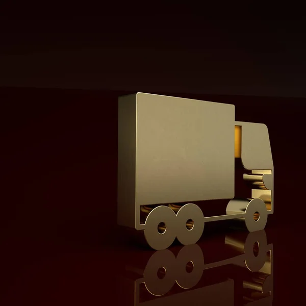 Gold Delivery cargo truck vehicle icon isolated on brown background. Minimalism concept. 3D render illustration.