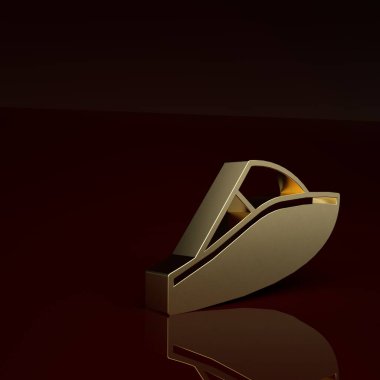 Altın sürat teknesi simgesi kahverengi arka planda izole edildi. Minimalizm kavramı. 3 Boyutlu resimleme.