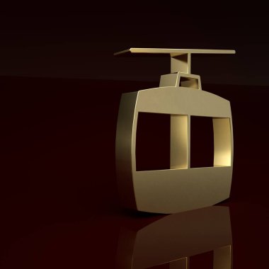 Kahverengi arka planda izole edilmiş altın renkli kablo araba simgesi. Füniküler işaret. Minimalizm kavramı. 3 Boyutlu resimleme.