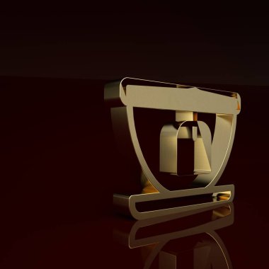 Kahverengi arka planda izole edilmiş çay poşeti ikonu olan altın kupa. Minimalizm kavramı. 3 Boyutlu resimleme.