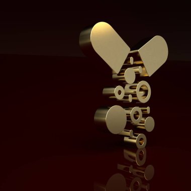 Kahverengi arka planda izole edilmiş altın zehirlenmiş hap ikonu. Zehirli hap. Tehlikeli bir ilaç. Minimalizm kavramı. 3 Boyutlu resimleme.