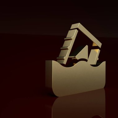 Fıçı simgesindeki altın radyoaktif atık kahverengi arka planda izole edilmiş. Sudaki toksik atık kirliliği. Çevre kirliliği. Minimalizm kavramı. 3 Boyutlu resimleme.