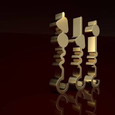 Altın ızgara şiş kebap, kahverengi arka planda izole edilmiş şiş çubuk ikonu. Şiş çubukta et kebabı. Izgara etle piknik. Minimalizm kavramı. 3 Boyutlu resimleme.