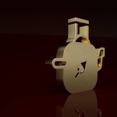 Kahverengi arka planda yaprak simgesi olan altın çaydanlık. Minimalizm kavramı. 3 Boyutlu resimleme.