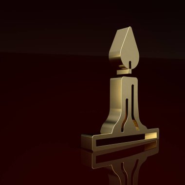 Kahverengi arka planda izole edilmiş, şamdan ikonunda yanan altın rengi mum. Silindirik mum çubuğu ve yanan ateş. Minimalizm kavramı. 3 Boyutlu resimleme.