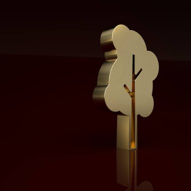 Kahverengi arkaplanda izole edilmiş altın ağaç simgesi. Orman sembolü. Minimalizm kavramı. 3 Boyutlu resimleme.