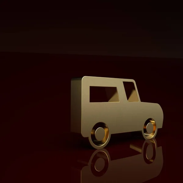 Gold Car icon isolated on brown background. Minimalism concept. 3D render illustration.