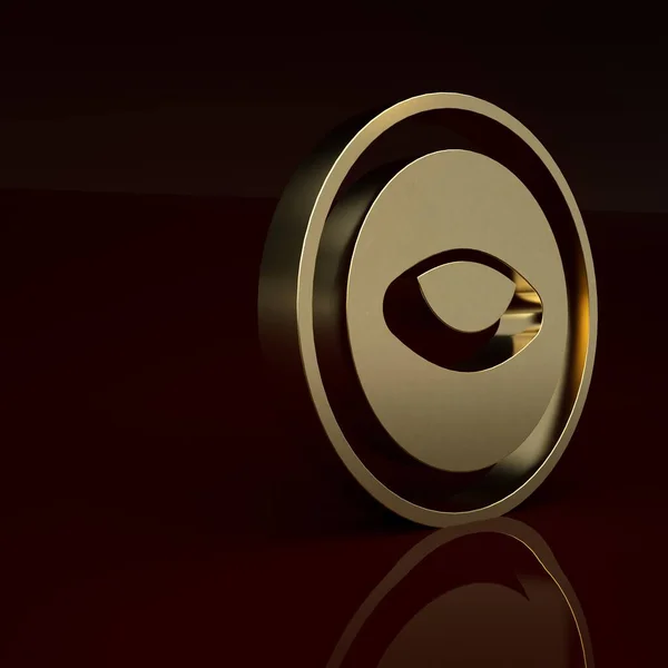 Gold Medallion with eye icon isolated on brown background. Magic amulet with eye. Minimalism concept. 3D render illustration.