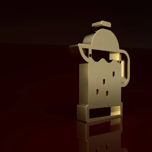 Gold French press icon isolated on brown background. Minimalism concept. 3D render illustration.