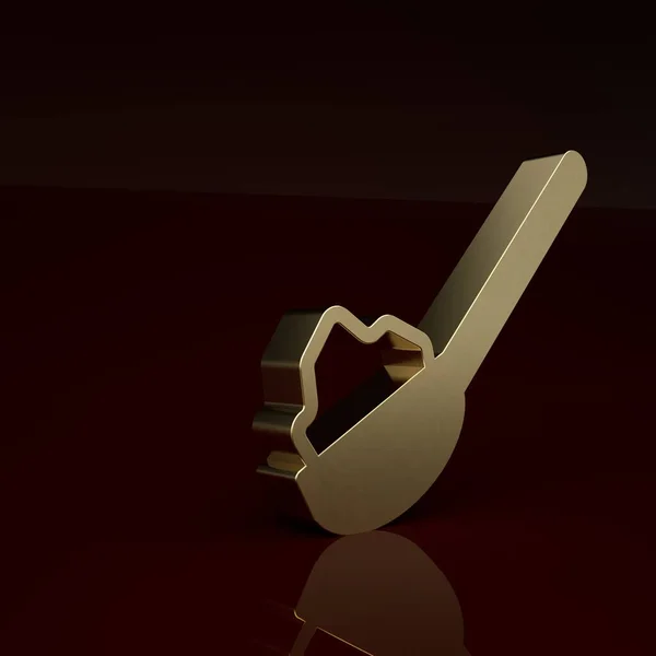 Gold Spoon with sugar icon isolated on brown background. Teaspoon for tea or coffee. Minimalism concept. 3D render illustration.