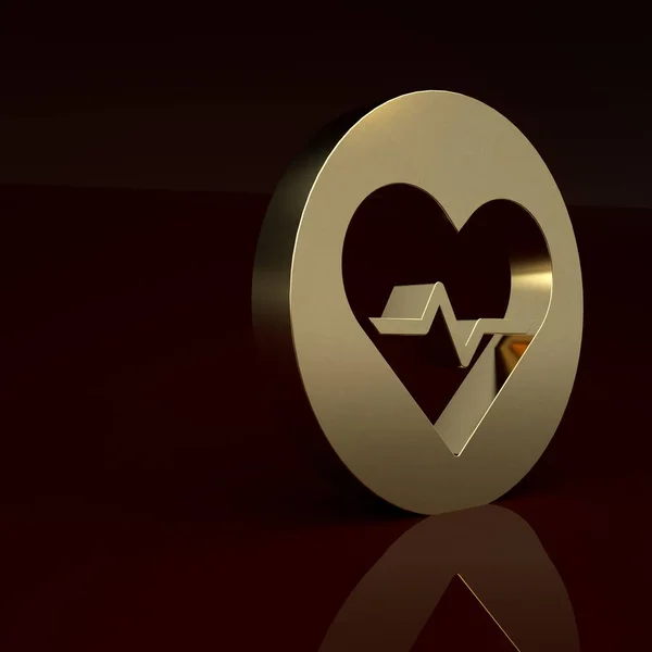 Gold Heart rate icon isolated on brown background. Heartbeat sign. Heart pulse icon. Cardiogram icon. Minimalism concept. 3D render illustration.