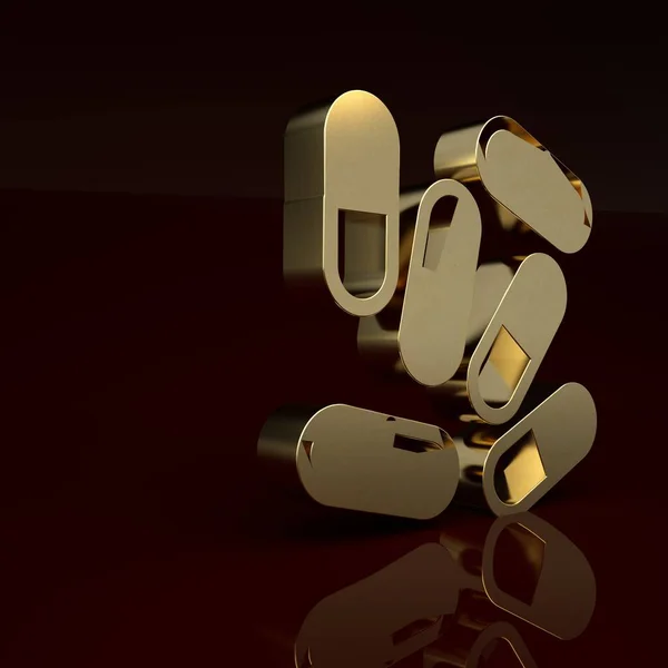 Gold Medicine pill or tablet icon isolated on brown background. Capsule pill and drug sign. Pharmacy design. Minimalism concept. 3D render illustration.