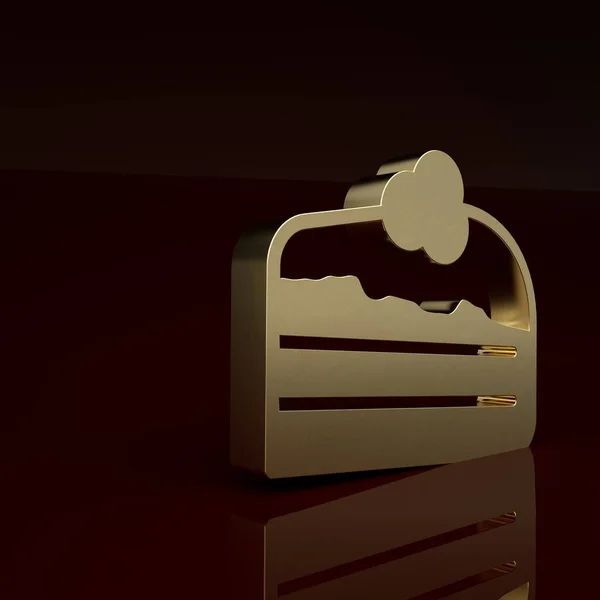 Gold Piece of cake icon isolated on brown background. Happy Birthday. Minimalism concept. 3D render illustration.
