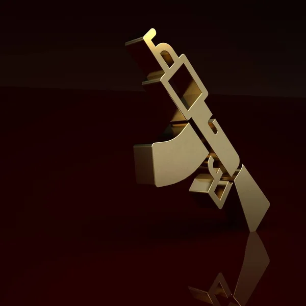 Gold Submachine gun icon isolated on brown background. Kalashnikov or AK47. Minimalism concept. 3D render illustration.