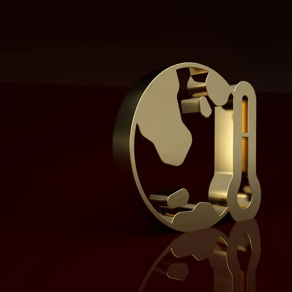 Gold Planet earth melting to global warming icon isolated on brown background. Ecological problems and solutions - thermometer. Minimalism concept. 3D render illustration.