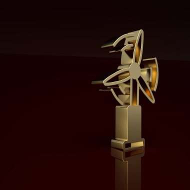 Kahverengi arka planda altın rüzgar türbini simgesi izole edildi. Rüzgar jeneratörü işareti. Elektrik üretimi için yel değirmeni. Minimalizm kavramı. 3 Boyutlu resimleme.