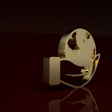 Kahverengi arka planda Dünya 'nın ikonunu tutan altın insan eli. Dünya kavramını sakla. Minimalizm kavramı. 3 Boyutlu resimleme.