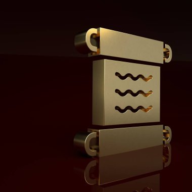 Kahverengi arka planda izole edilmiş altın rengi Antik papirüs parşömeni simgesi. Parşömen kağıdı. Eski Mısır sembolü. Minimalizm kavramı. 3 Boyutlu resimleme.