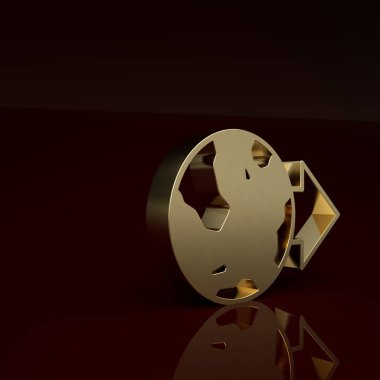 Kahverengi arka planda izole edilmiş dünya ikonunun altın konumu. Dünya ya da Dünya işareti. Minimalizm kavramı. 3 Boyutlu resimleme.