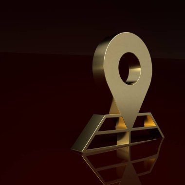 Kahverengi arkaplanda konum belirleyici simgesi olan altın katlı harita. Minimalizm kavramı. 3 Boyutlu resimleme.