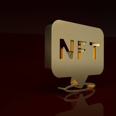 Kahverengi arka planda izole edilmiş altın NFT Dijital Şifreleme Sanatı ikonu. Para iadesi olmayan jeton. Minimalizm kavramı. 3 Boyutlu resimleme.