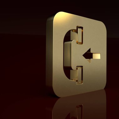 Kahverengi arkaplanda altın arama simgesi var. Telefon işareti. Telefon ahizesi. Minimalizm kavramı. 3 Boyutlu resimleme.