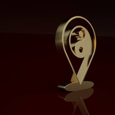 Kahverengi arka planda izole edilmiş Altın Yin Yang ahenk ve denge simgesi. Minimalizm kavramı. 3 Boyutlu resimleme.