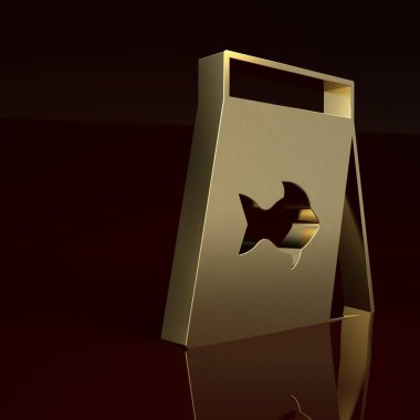 Kahverengi arka planda izole edilmiş balık ikonu için altın besin. Minimalizm kavramı. 3 Boyutlu resimleme.